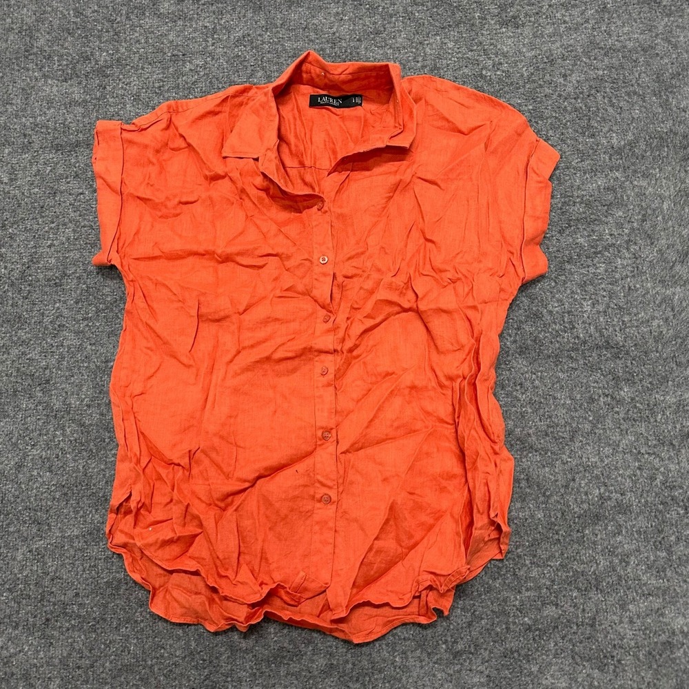 Lauren Ralph Lauren Shirt Womens Size L Orange Linen Short Sleeve Button Down